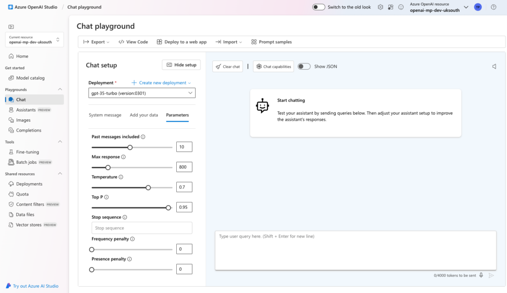 A screenshot of the OpenAI home page, including a box to input user query and several configuration menus