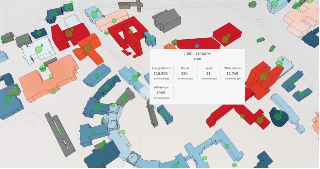 An example of the universities campus digital twin, showing near real time data.