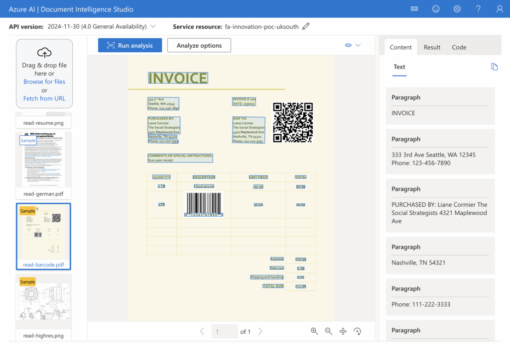 Image of interface from Azure AI document studio.