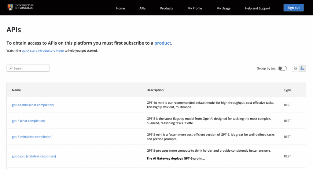 Web browser of home page of the AI gateway API pages.