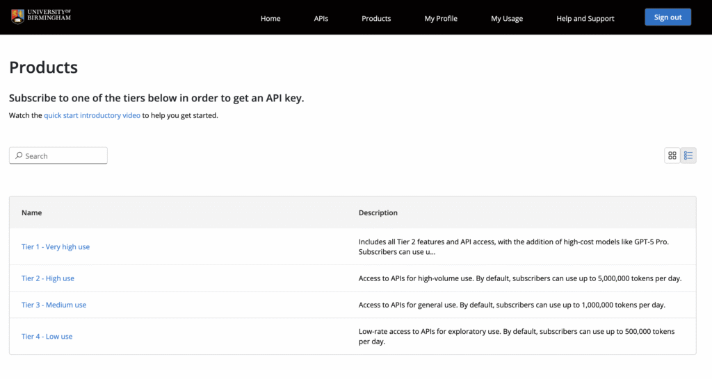 Web browser of home page of the AI gateway API products.