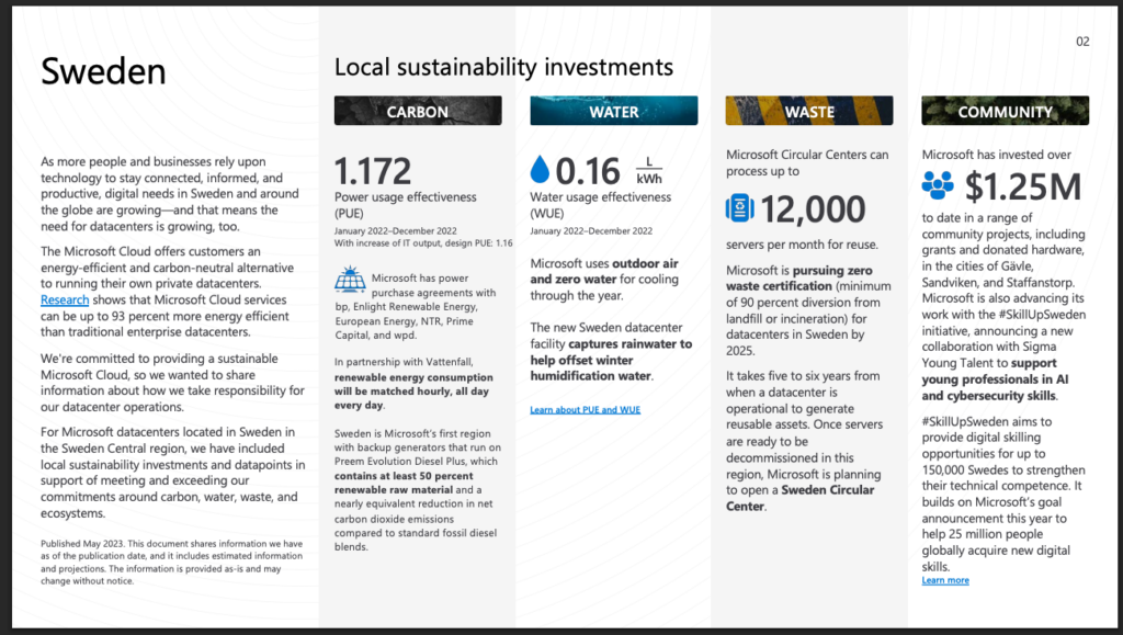 An image of the technical breakdown of the Sweden central data centre. Including figures relating to carbon, water, waste and community projects relating to sustainability.