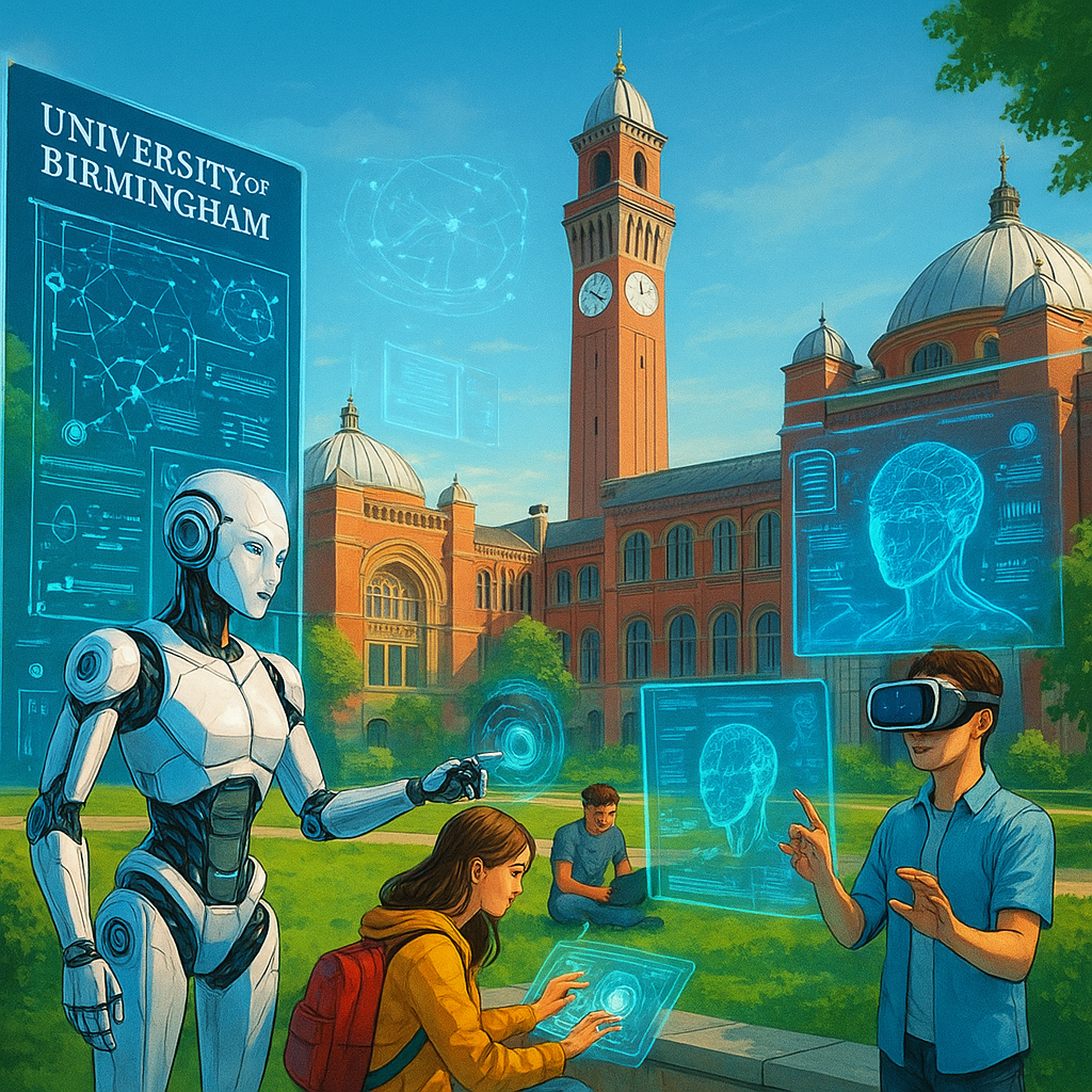 AI generated image of the university of Birmingham campus integrated with AI technology.
