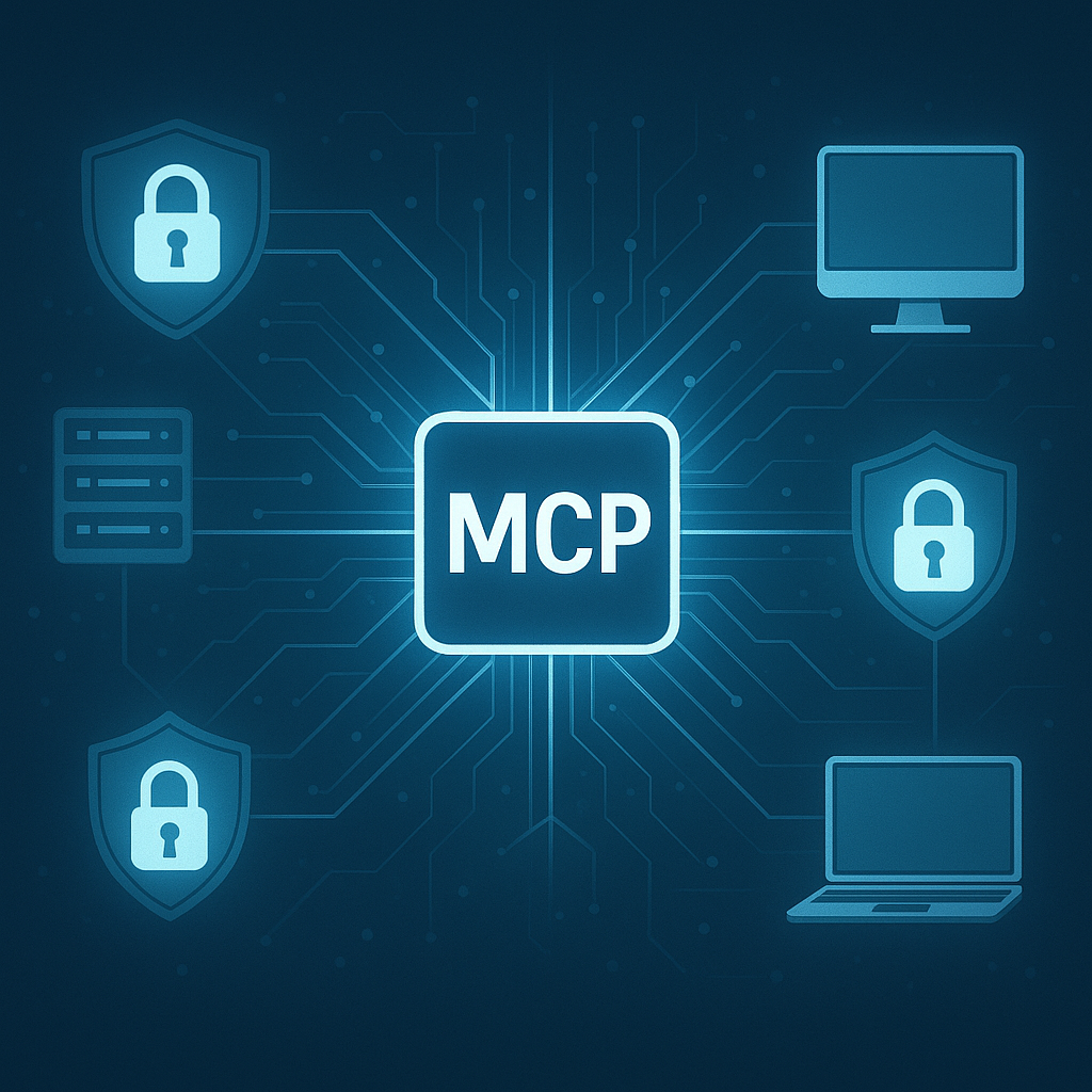 Conceptual image of MCP integration between end systems. This image was generated using AI that was powered by 100% renewable energy sources.